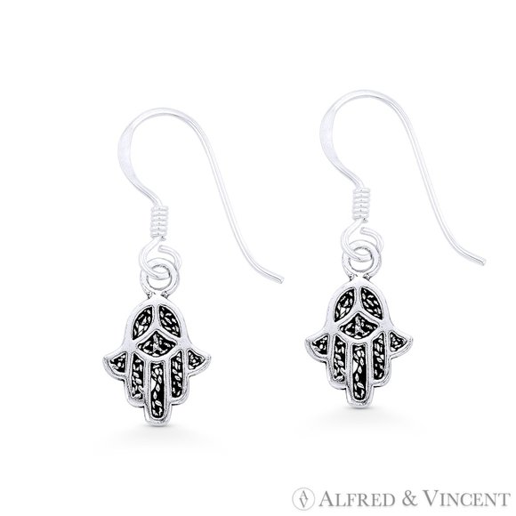 Hamsa Hand Evil Eye Luck Charm Dangling Hook Earrings in .925 Sterling Silver - Picture 1 of 1